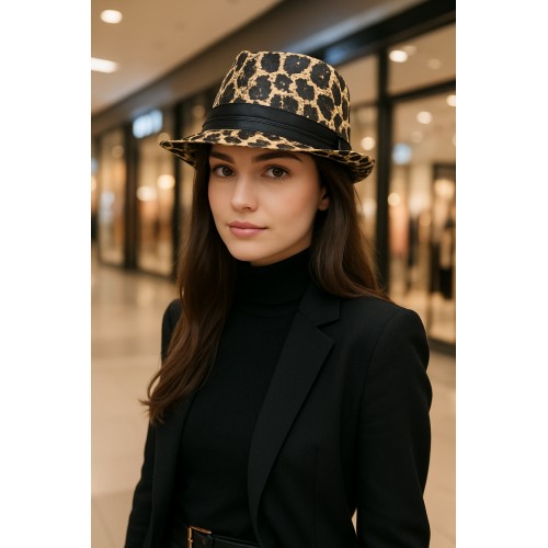 Hats Wholesale - Fedora Straw Hat w/ Leopard Print - Brown - HT-1183BRMT
